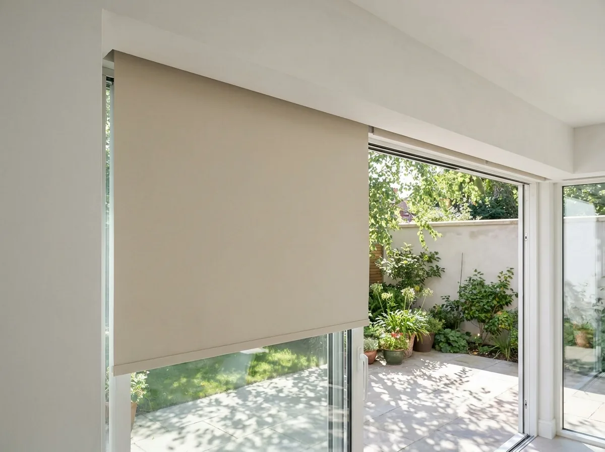 A concealed blind dropping from a narrow slot in a flush plastered ceiling bulkhead in front of frameless sliding doors, with a paved courtyard and rendered boundary wall beyond