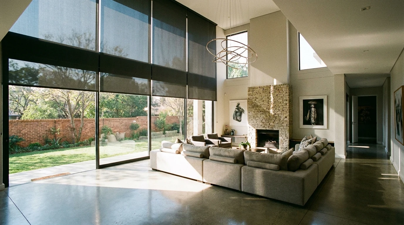 Morning light in a double-volume Houghton Estate living room, a charcoal-grey blockout roller blind lowered a third of the way down the tall glazing, a mature garden and boundary wall beyond