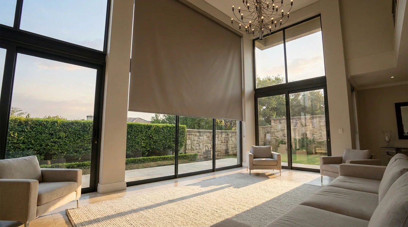 Late-afternoon sun striping the stone floor of a double-volume Illovo living room, a taupe blockout roller blind lowered halfway across the tallest pane of dark-framed glazing