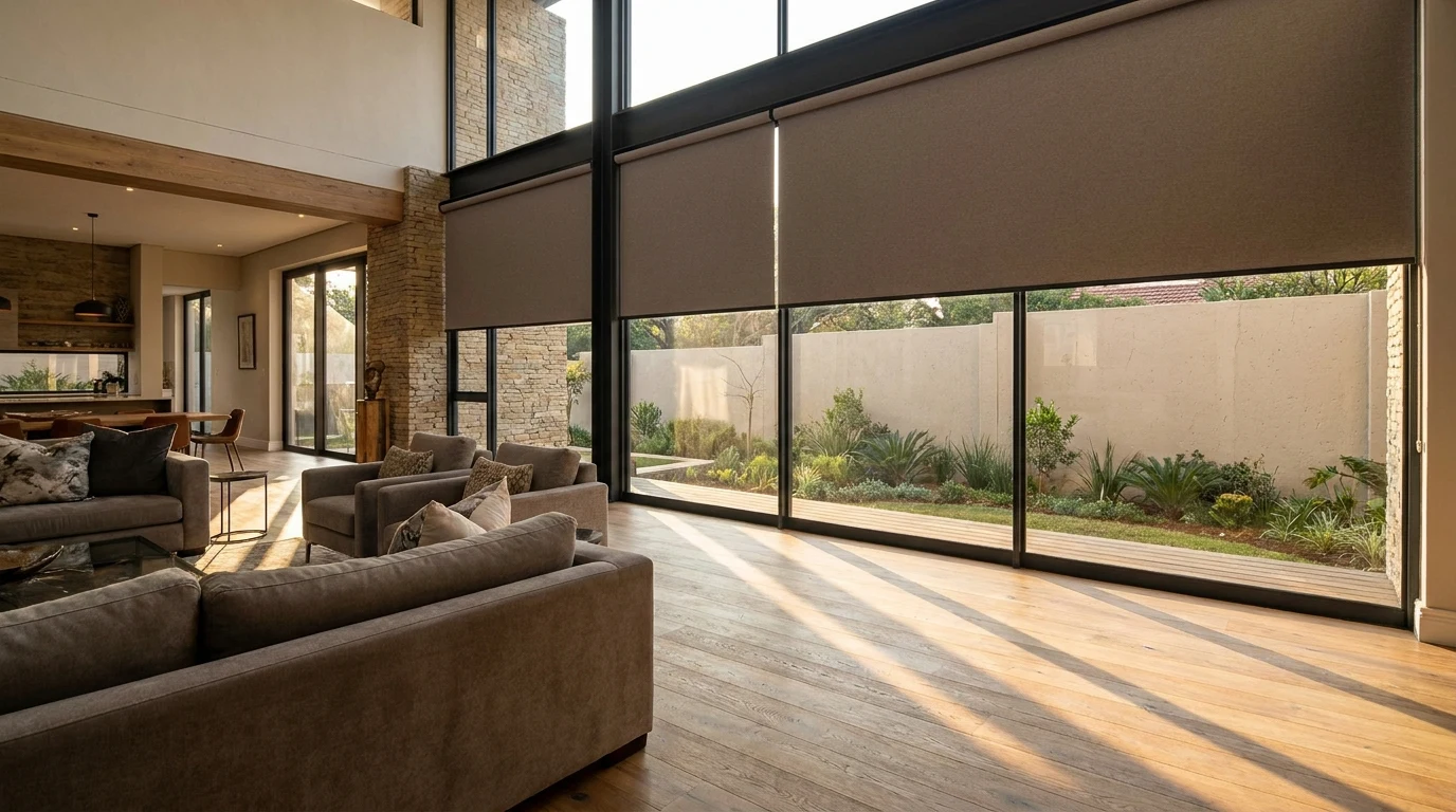 Soft afternoon sun striping the timber floor of a double-volume Melrose living room, a warm-grey blockout roller blind lowered two-thirds down the glazing wall, a plastered boundary wall close beyond the garden
