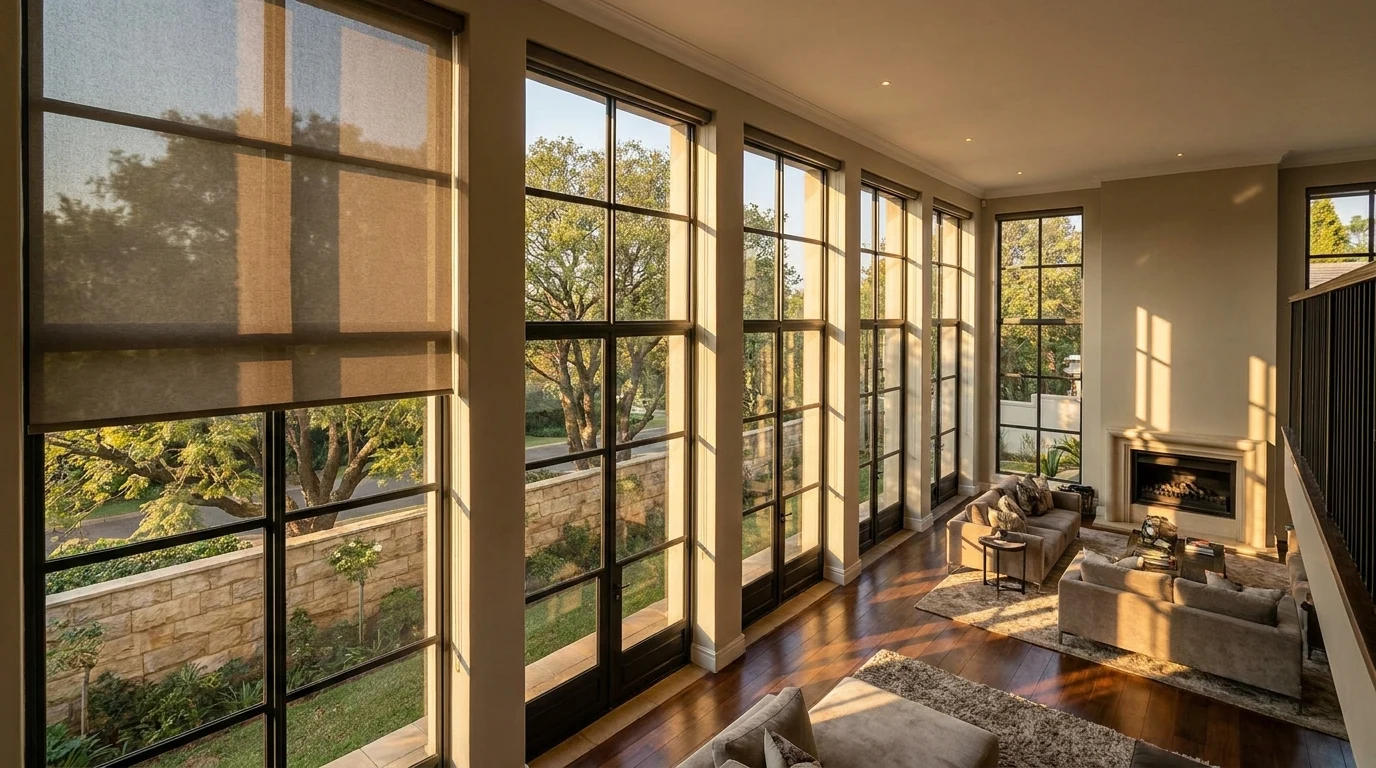 Golden late-afternoon light striping the timber floor of a double-volume Saxonwold living room, a stone-toned blockout roller blind lowered partway down steel-framed glazing, mature trees and a garden wall beyond