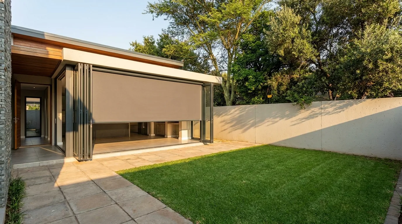 Stacking glass doors of a Birdhaven home open onto a small lawn, a sunscreen roller blind half-lowered over the opening and a close plastered boundary wall a few metres beyond