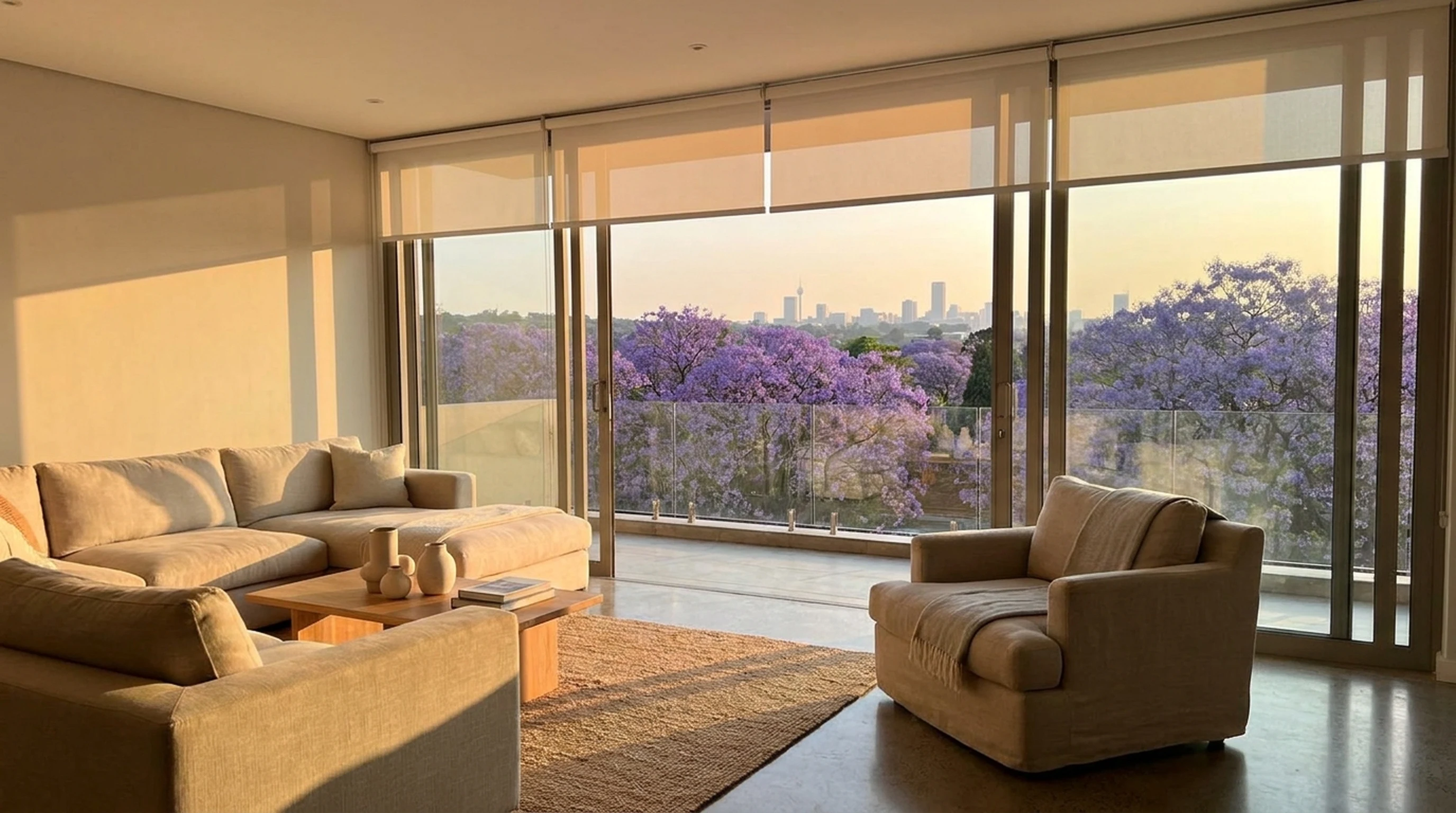 Open-plan Illovo living room beside a reading chair, sheer roller blinds over floor-to-ceiling glass doors, jacaranda canopy and Johannesburg skyline beyond