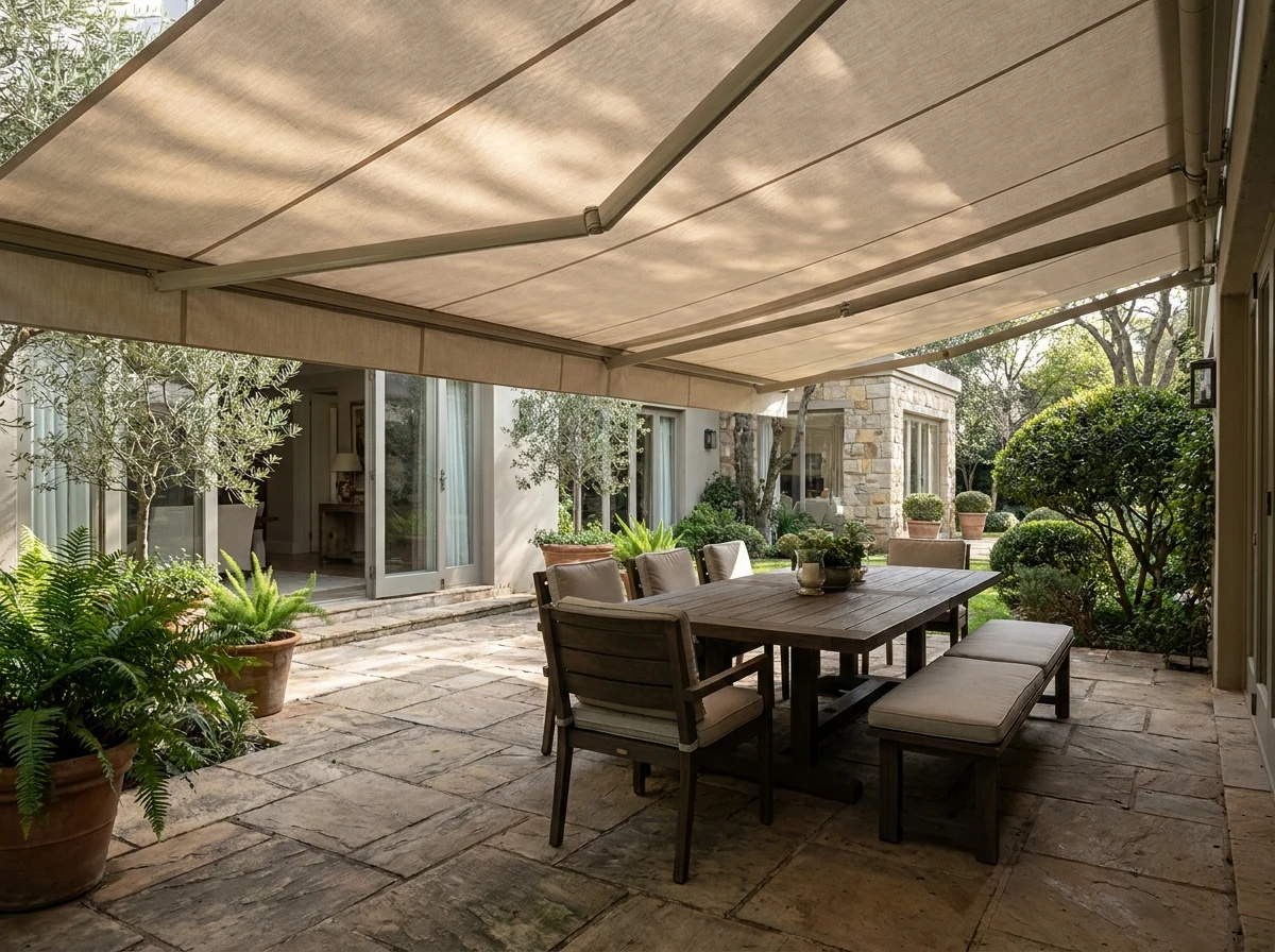 Covered patio at a Saxonwold residence, a folding-arm awning in linen-toned fabric shading an outdoor dining table