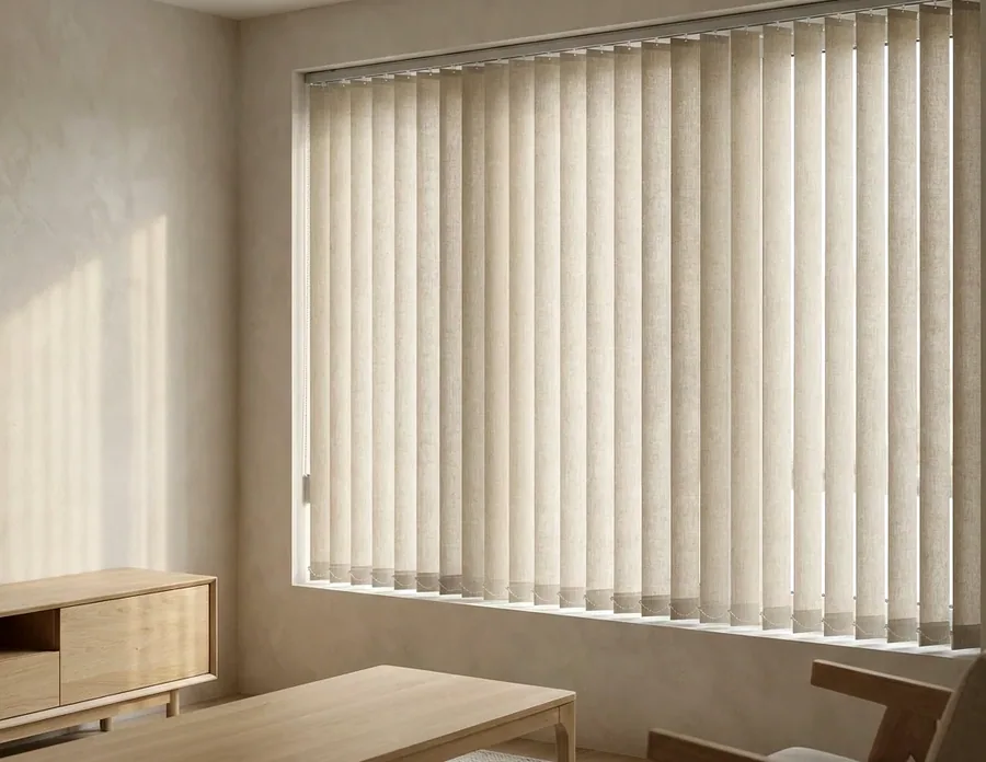 Linen-toned vertical blind vanes hanging over a wide window in a Birdhaven, Johannesburg living room
